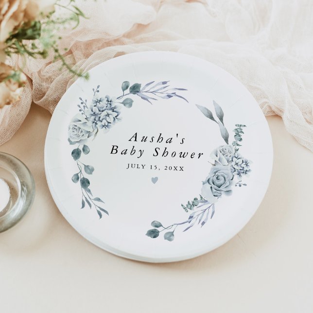 AUSHA Dusty Blue Floral Boy Baby Shower Paper Plate (Creator Uploaded)