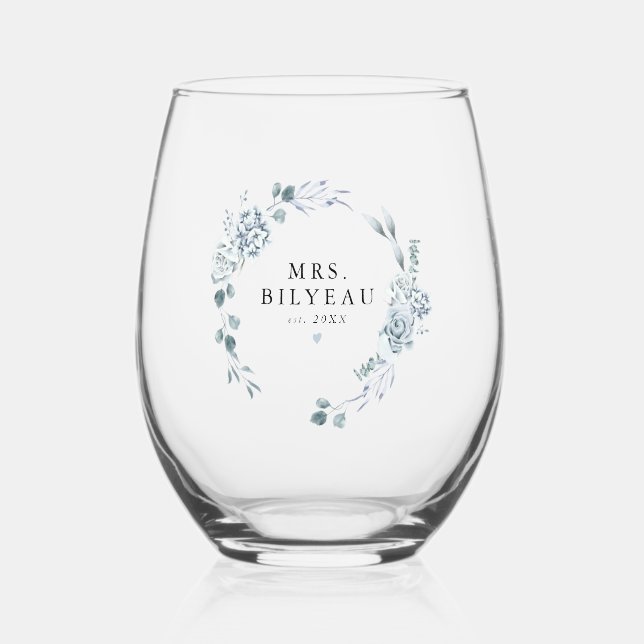 AUSHA Elegant Dusty Blue Floral Mrs. Wedding Stemless Wine Glass (Front)