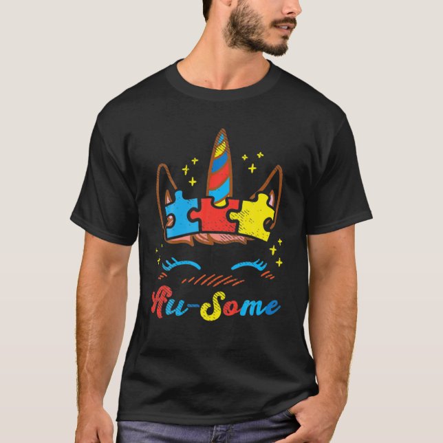 Ausome Unicorn Face Puzzle Autism Awareness T-Shirt (Front)