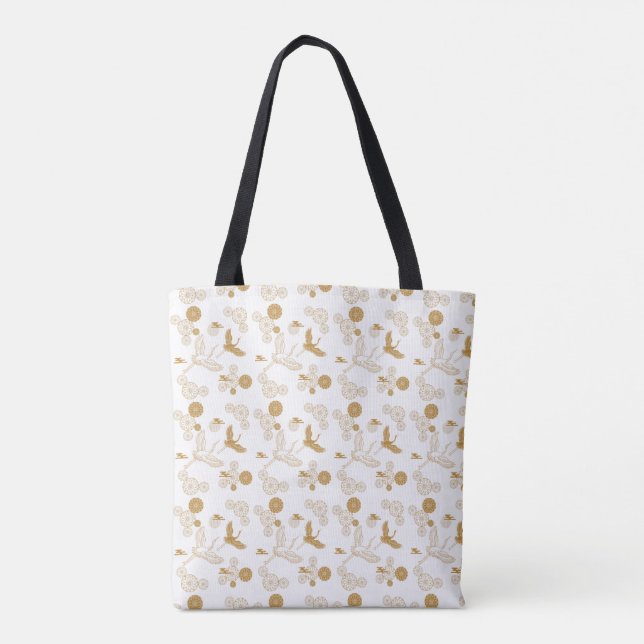Auspicious golden Japanese crane pattern Tote Bag (Back)