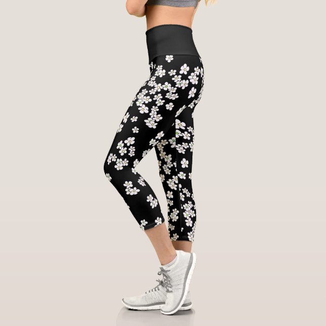Aussie Black and White Daisies Capri Leggings (Left)
