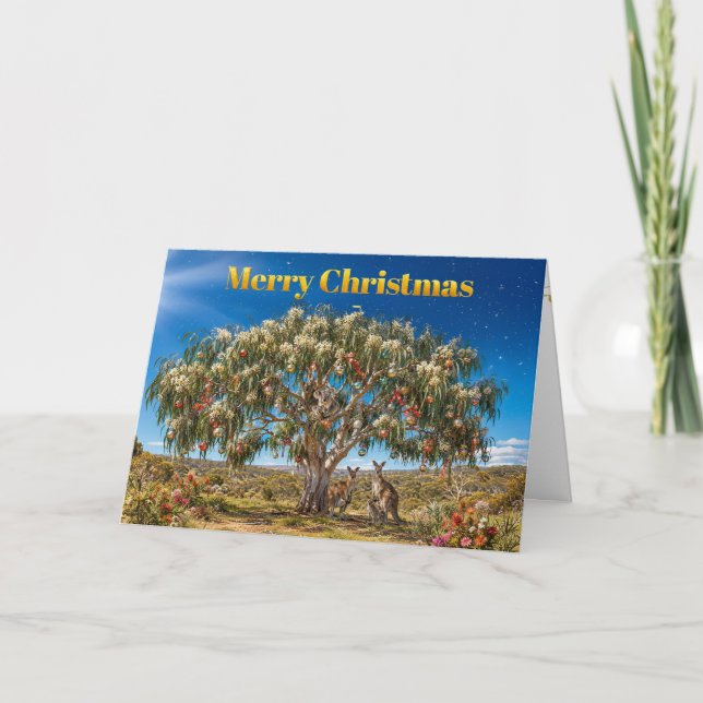 Aussie Christmas Gumtree Baubles Kangaroos Card (Front)
