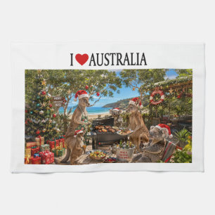 Aussie Christmas Kangaroo Koala Beach BBQ Tea Towel