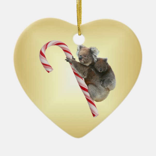 Aussie Christmas Koalas on Candy Cane Ceramic Tree Decoration (Front)
