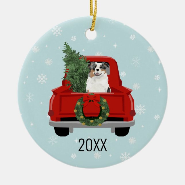 Aussie dog blue merle christmas ceramic tree decoration (Front)