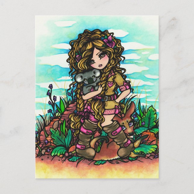 Aussie Girl Koala Kangaroo Comic Art Postcard (Front)