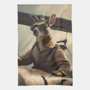 Aussie Kangaroo Aeroplane Pilot, Tea Towel