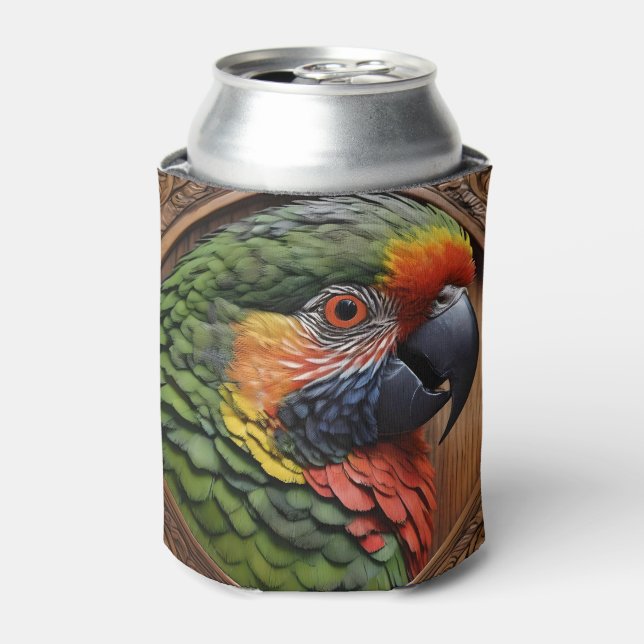 Aussie Spirit: A Lorikeet Perched In Carved Wood Can Cooler (Can Front)