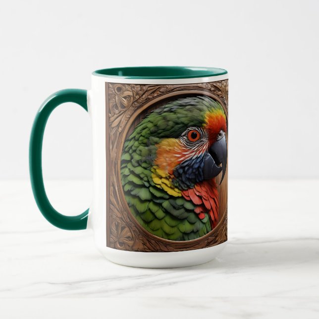 Aussie Spirit: A Lorikeet Perched In Carved Wood Mug (Left)