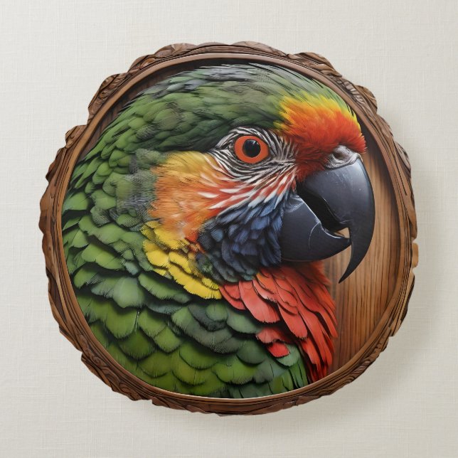 Aussie Spirit: A Lorikeet Perched In Carved Wood Round Cushion (Front)