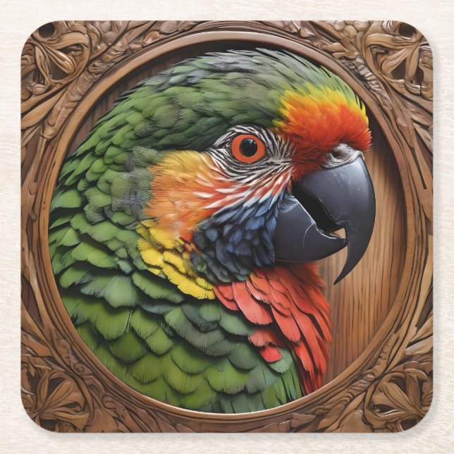Aussie Spirit: A Lorikeet Perched In Carved Wood Square Paper Coaster (Front)