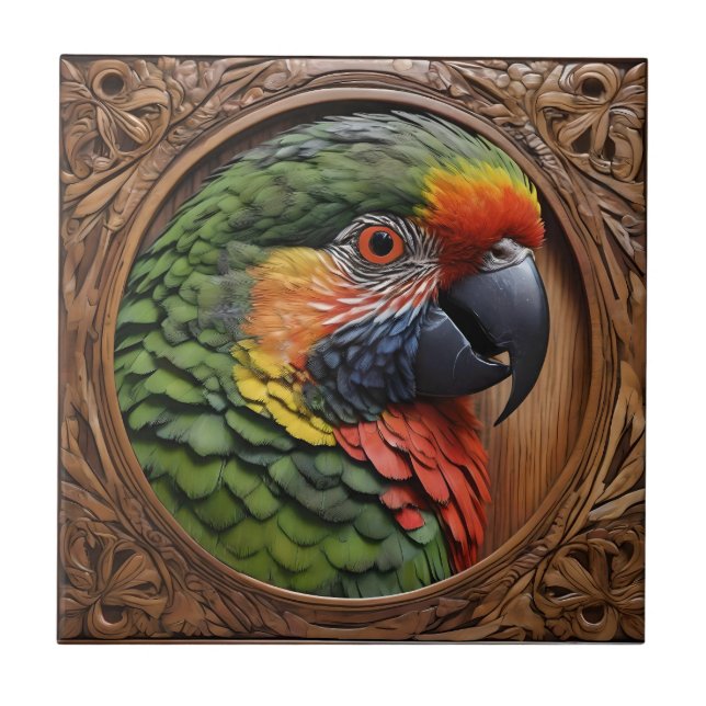 Aussie Spirit: A Lorikeet Perched In Carved Wood Tile (Front)