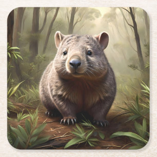 Aussie Wombat In The Aussie Bushland, Square Paper Coaster