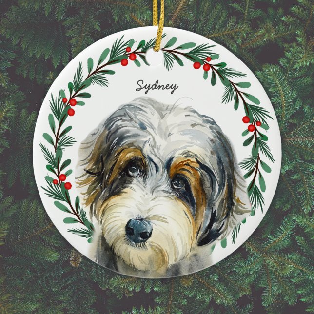 Aussiedoodle Christmas Wreath Personalised Ceramic Tree Decoration (Add Dog's name, or other short text, or delete text if not required. )