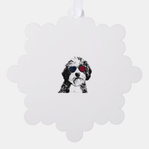 Aussiedoodle Dog 4th July America USA Flag  Tree Decoration Card