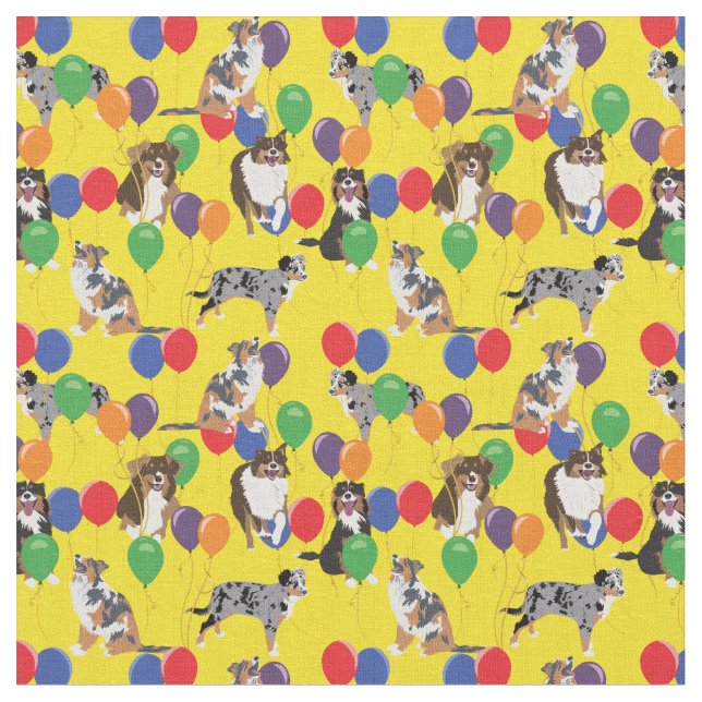 Aussies Australian Shelpherds and Party Balloons Fabric (Close Up)