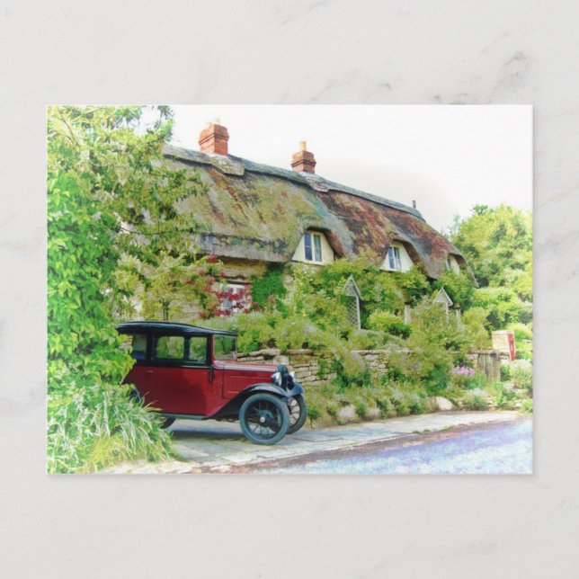 Austin 7 outside a thatched cottage postcard (Front)