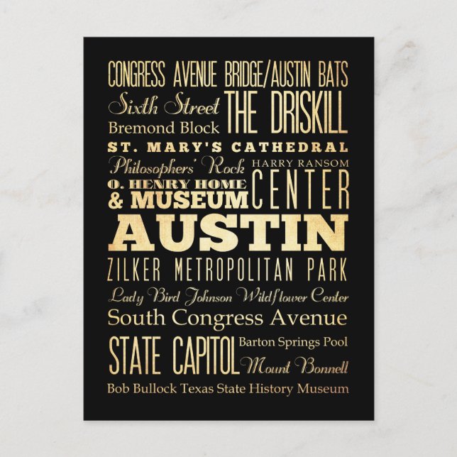 Austin City of Texas State Typography Art Postcard (Front)