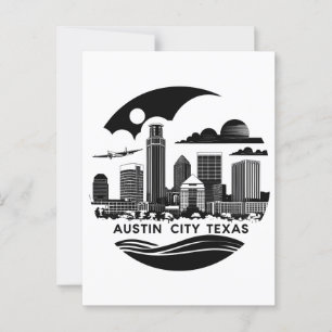 Austin City Texas Skyline Retro Black & White Art Postcard