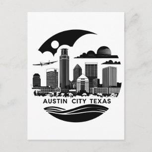 Austin City Texas Skyline Retro Black & White Art Postcard