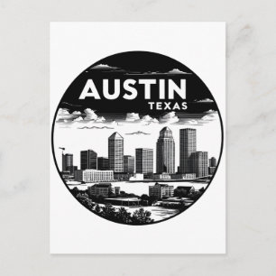 Austin City Texas Skyline Retro Black & White Art Postcard