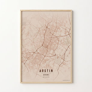 Austin Map Copper Texas City Poster Wallart Gift