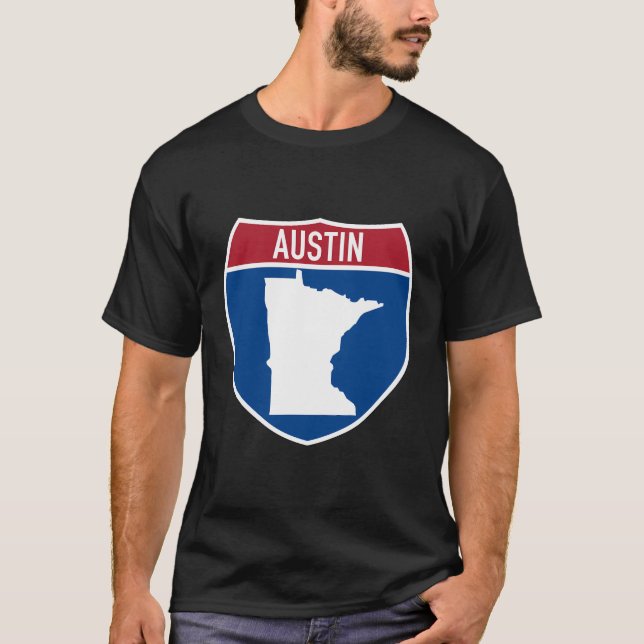 Austin Minnesota Map Highway Interstate Sign Souve T-Shirt (Front)