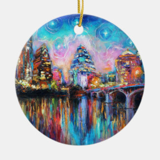 Austin Skyline at night cityscape Art gifts Ceramic Tree Decoration
