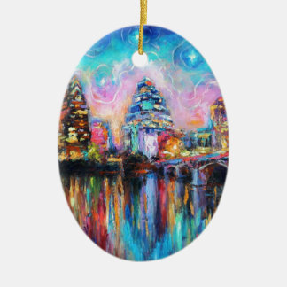 Austin Skyline at night cityscape Art gifts Ceramic Tree Decoration