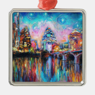 Austin Skyline at night cityscape Art gifts Metal Tree Decoration