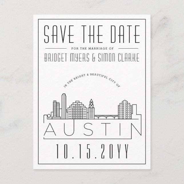 Austin | Stylised Skyline Save the Date Postcard (Front)