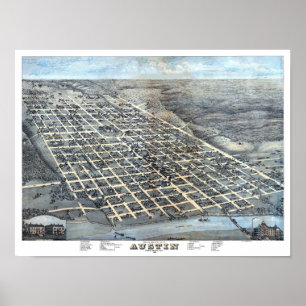Austin, Texas Antique Aerial City Map from 1873 Poster