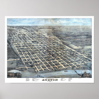 Austin, Texas Antique Aerial City Map from 1873 Poster