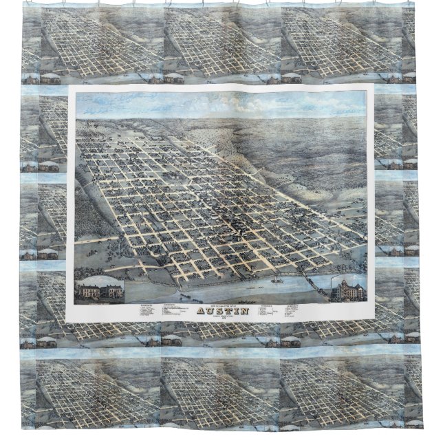 Austin, Texas Antique Aerial City Map from 1873 Shower Curtain (Front)