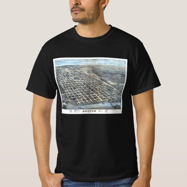 Austin, Texas Antique Aerial City Map from 1873 T-Shirt (Front)