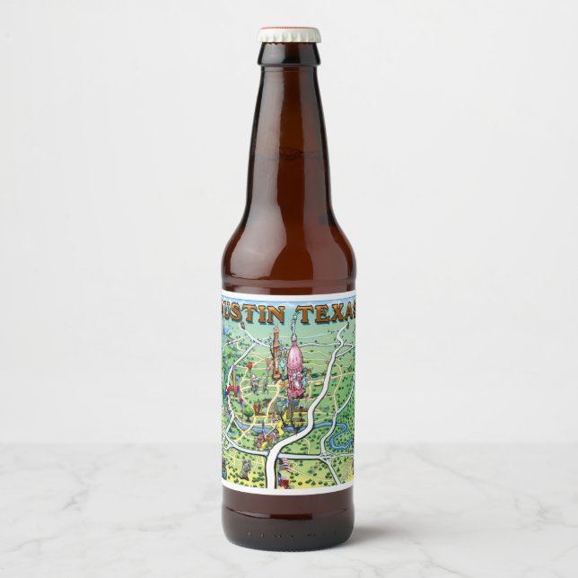 Austin Texas Cartoon Map Beer Bottle Label (Front)