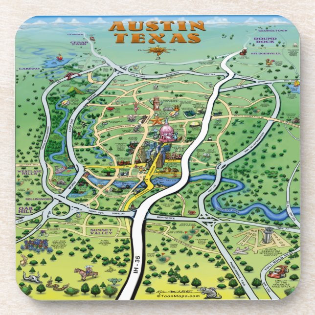 Austin Texas Cartoon Map Coaster (Front)