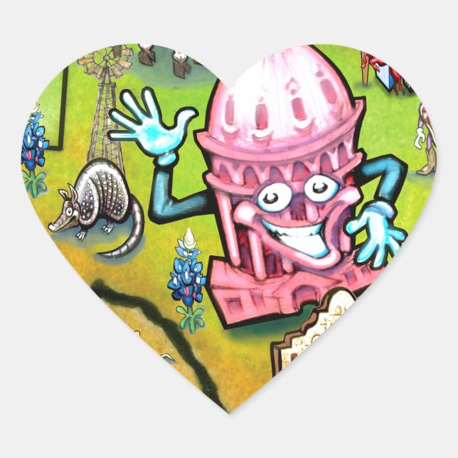Austin Texas Cartoon Map Heart Sticker (Front)