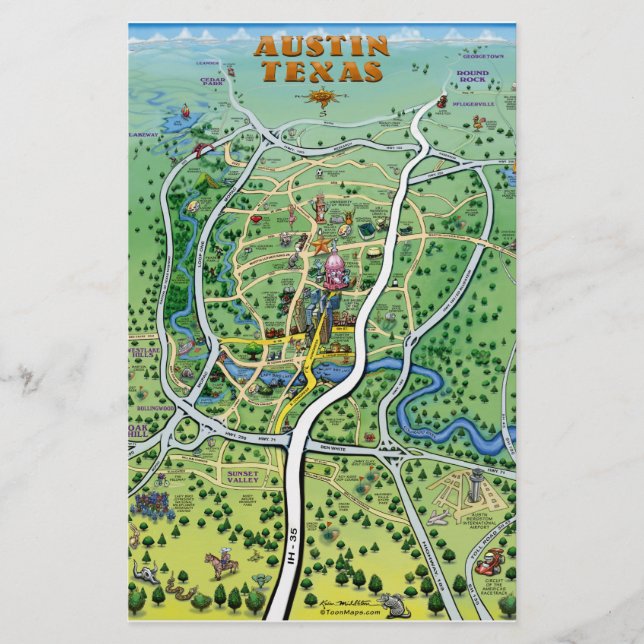 Austin Texas Cartoon Map Stationery (Front)
