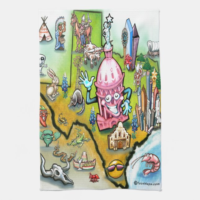 Austin Texas Cartoon Map Tea Towel (Vertical)