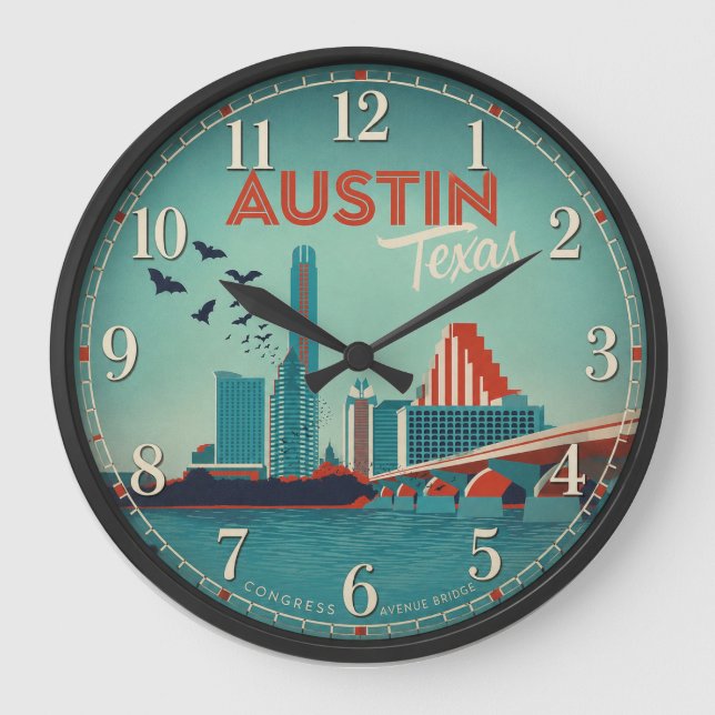 Austin Texas Congress Avenue Bridge Skyline Large Clock (Front)