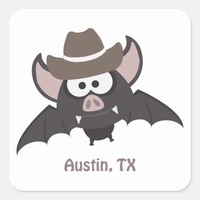 Austin Texas Cute Cartoon Cowboy Bat Square Sticker (Front)