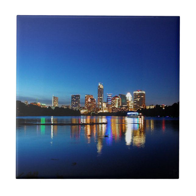 Austin Texas Downtown Night Skyline Ladybird Lake Tile (Front)