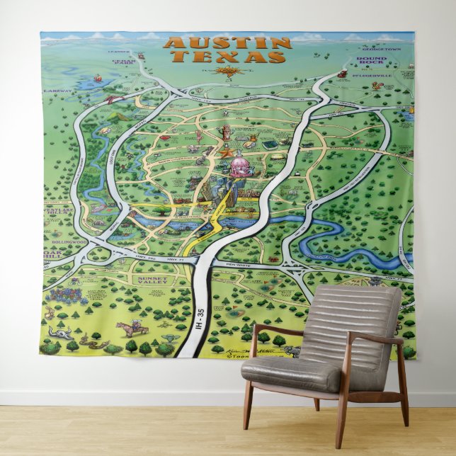 Austin Texas Fun Map Tapestry (In Situ (Horizontal))