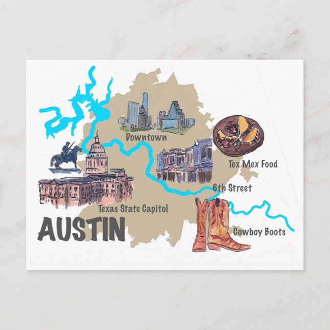 Austin Texas Map Postcard (Front)
