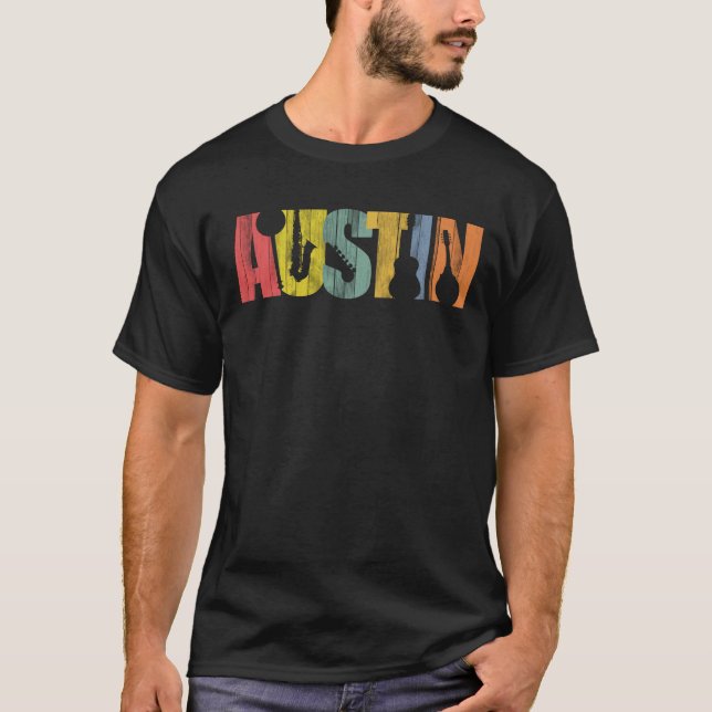 Austin Texas Music Wood Grain Distressed T-Shirt (Front)