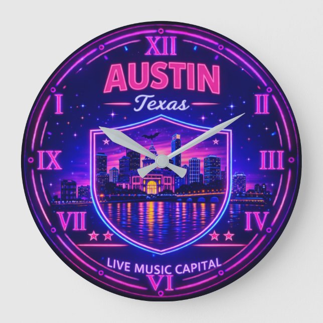 Austin Texas Neon Skyline  Large Clock (Front)
