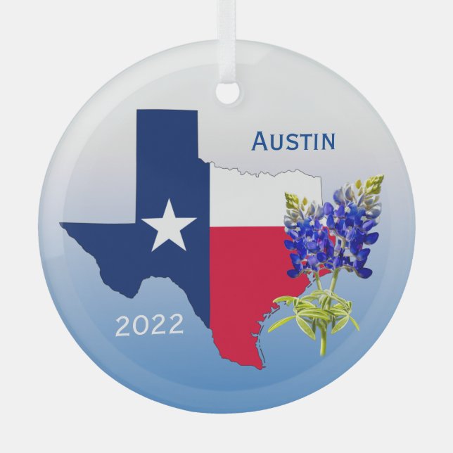 Austin Texas, Outline & Bluebonnets Ornament (Front)