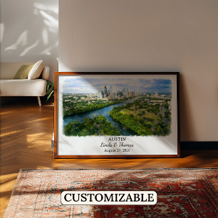Austin Texas Poster, Watercolor, Custom Poster