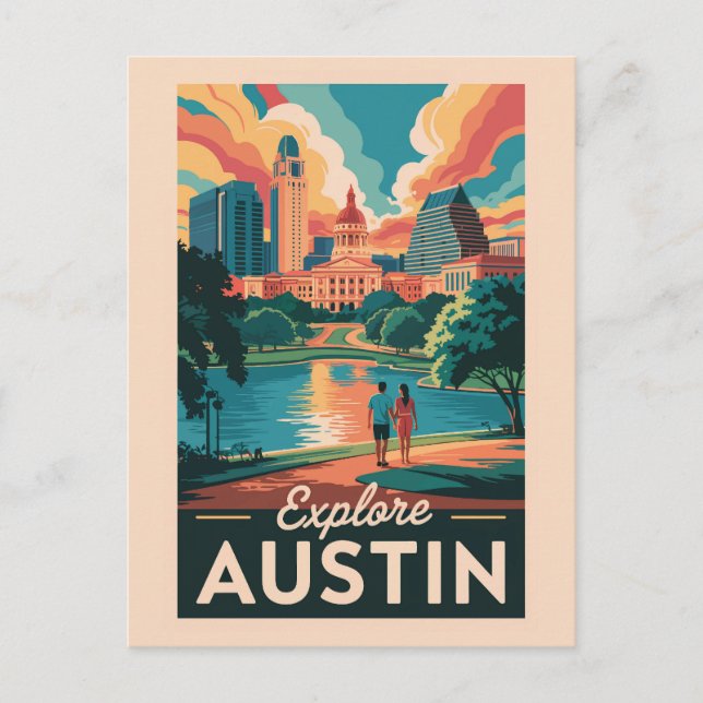 Austin Texas Skyline Travel Art Vintage Postcard (Front)
